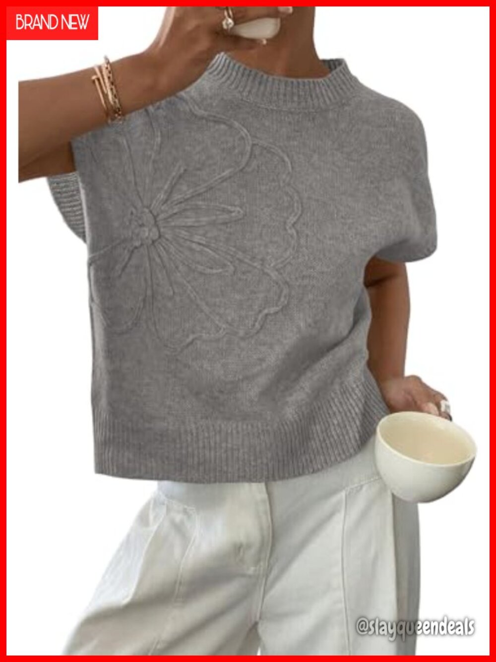 Women's Summer Short Cap Sleeve Sweater Vest 3D Flower Knit Tank Top
